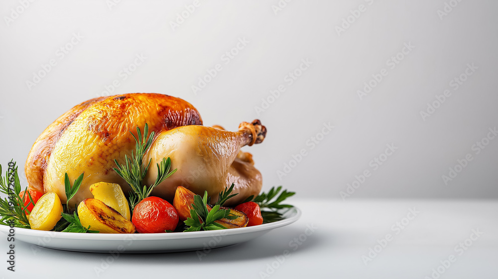 Classic roast chicken dish with golden-brown skin, roasted vegetables, and herbs, presented on a white plate with empty space for text, soft gradient background Classic roast chicken dish with golden-brown skin, roasted vegetables, and herbs, presented on a white plate with empty space for text, soft gradient background