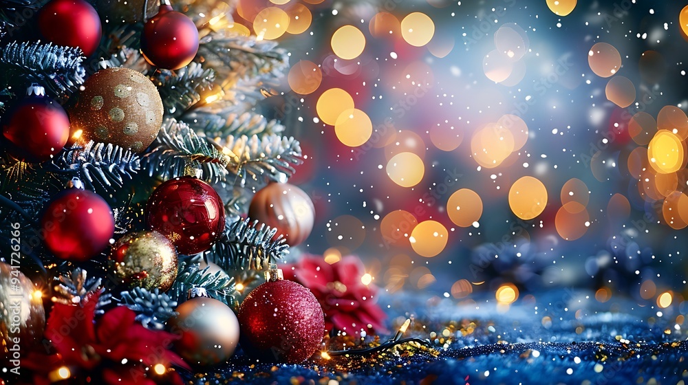 A glamorous Christmas tree adorned with shimmering gold and silver baubles, softly glowing in an opulent living room. A glamorous Christmas tree adorned with shimmering gold and silver baubles, softly glowing in an opulent living room.