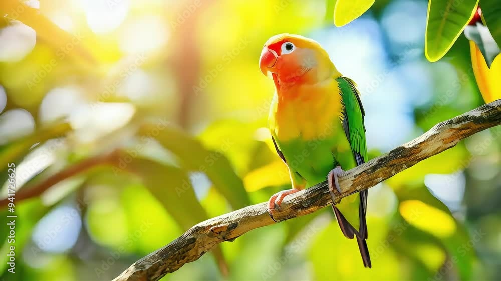 A colorful parrot perched on a branch, surrounded by green leaves and sunlight. A colorful parrot perched on a branch, surrounded by green leaves and sunlight.