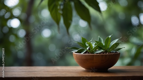 Wallpaper Mural Minimalist composition with wooden bowl and tropical leaves. Torontodigital.ca