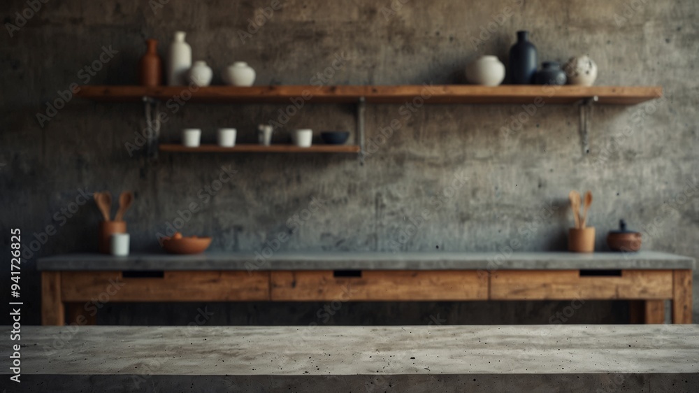 Modern Interior with Concrete Counter and Shelves.