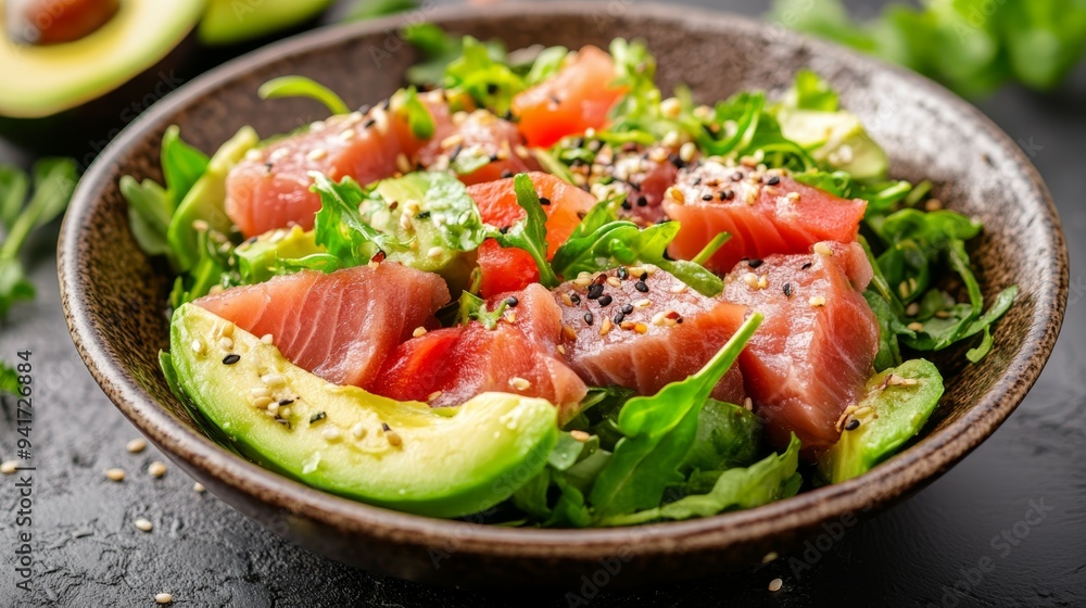 Fresh salad with diced tuna, avocado, and mixed greens on a rustic wooden table Fresh salad with diced tuna, avocado, and mixed greens on a rustic wooden table