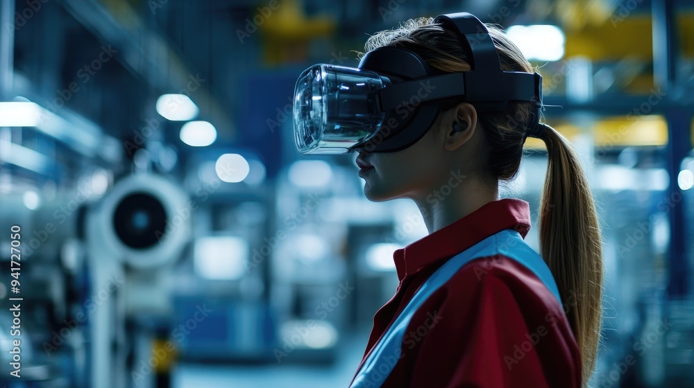 High-tech manufacturing engineer immersed in virtual reality, optimizing operations in a cutting-edge facility. High-tech manufacturing engineer immersed in virtual reality, optimizing operations in a cutting-edge facility.