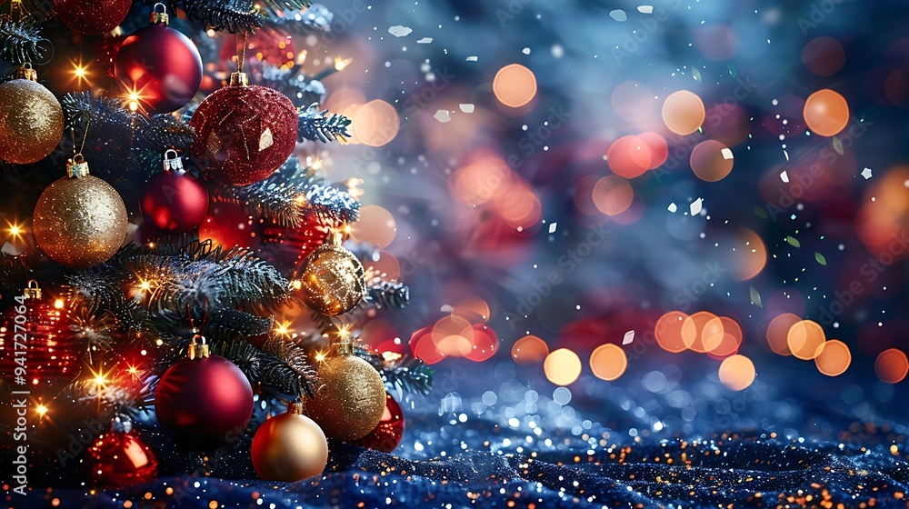 A glamorous Christmas tree with shimmering gold and silver baubles, set against a backdrop of softly glowing, blurred golden lights. The room is decorated with rich fabrics and elegant furniture, A glamorous Christmas tree with shimmering gold and silver baubles, set against a backdrop of softly glowing, blurred golden lights. The room is decorated with rich fabrics and elegant furniture,