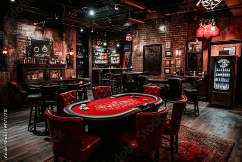 A chic, contemporary poker room boasting sleek red poker tables, luxurious black leather chairs, with a bar area and various gaming equipment for an elegant night in. photo