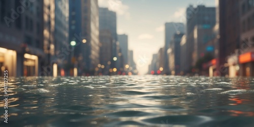 Urban flooding resulting from global warming, showcasing the genuine visual impact of climate change induced rising waters submerging a city Global warming, Climate change concept. photo