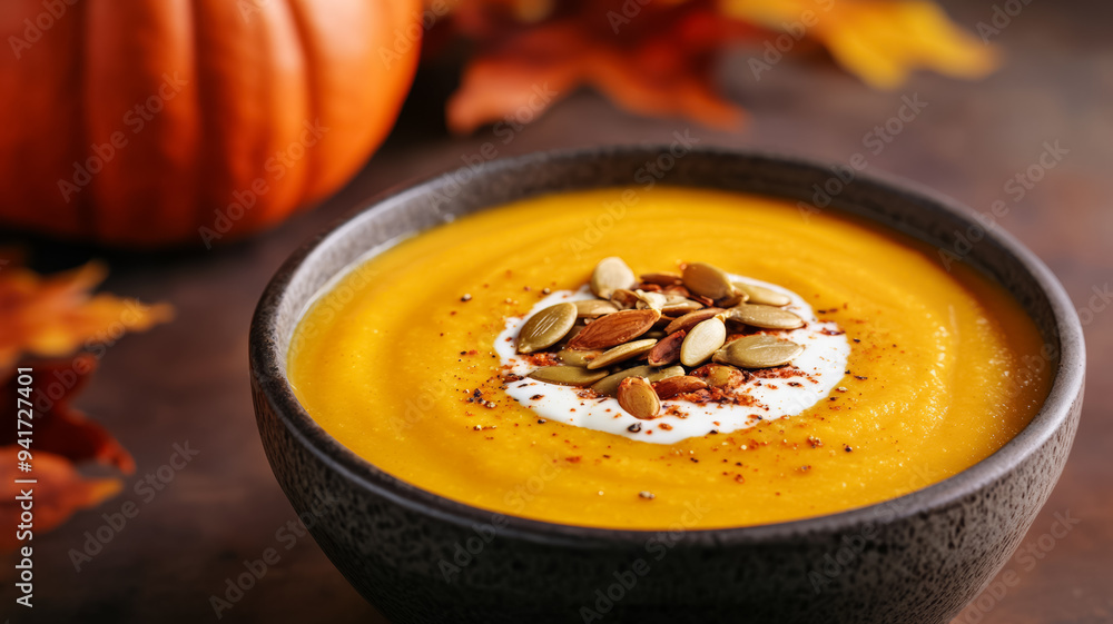 Creamy pumpkin soup in a rustic bowl, garnished with toasted seeds and a drizzle of cream, cozy fall colors transitioning from deep orange to warm brown in the background 