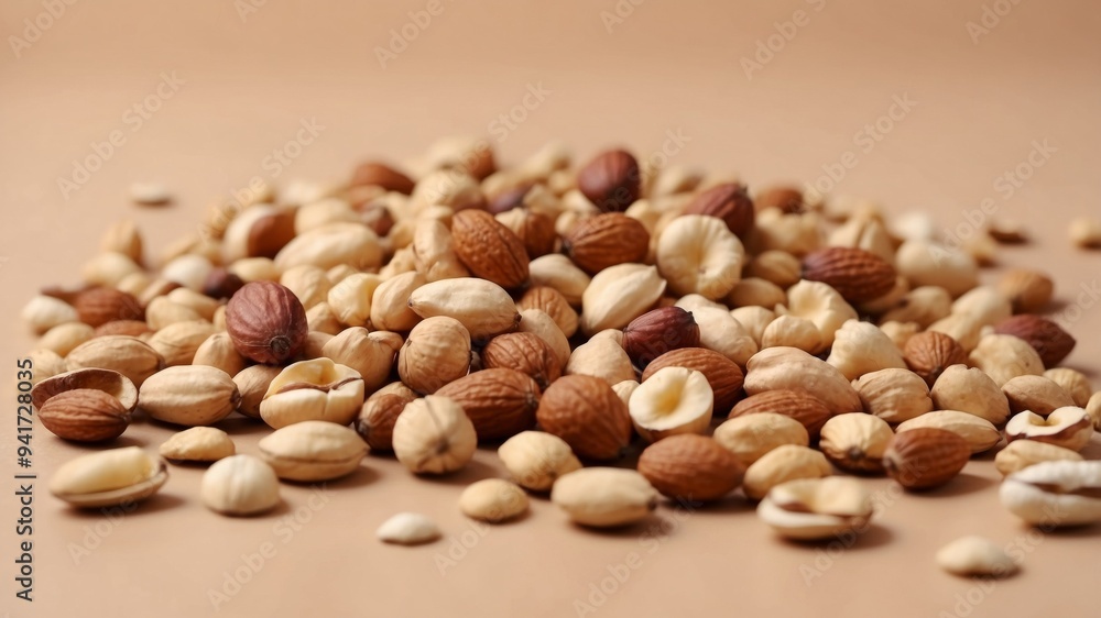 Mixed nuts on a beige background Minimal snack concept Brown and beige combination Top view.