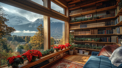 Christmas bookshelf background of interior home library study virtual room window of mountains hills. Fall winter. poinsettia holiday flowers. Online webinar presentation teams meeting backdrop