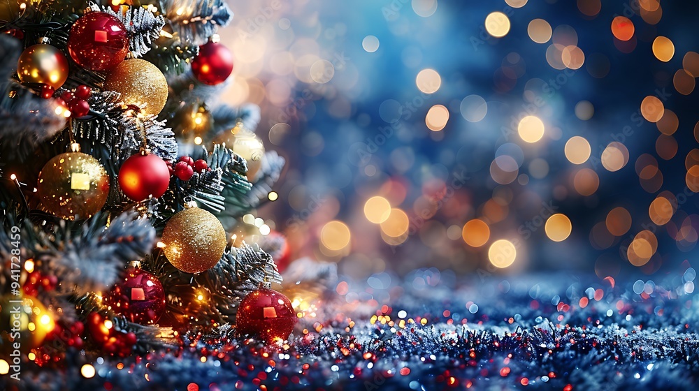 A luxurious Christmas tree covered in gold baubles, softly illuminated by blurred warm golden lights. The room exudes elegance and warmth, A luxurious Christmas tree covered in gold baubles, softly illuminated by blurred warm golden lights. The room exudes elegance and warmth,