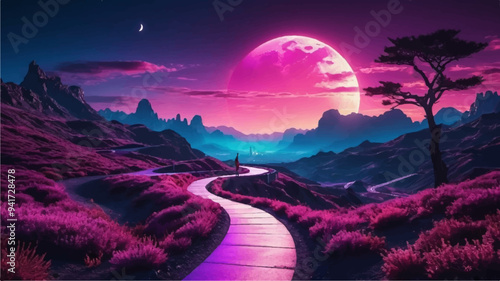 A surreal landscape where night and day coexist, the sun and moon both visible in the sky, casting opposing shadows on a winding path, hyperrealistic photography, vibrant colors, paradoxical contrast.