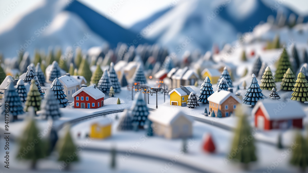 Obraz premium Elevated view of a charming ski resort village bustling with activity vibrant ski lifts ascending into snow-covered peaks crisp winter air filling the lively scene