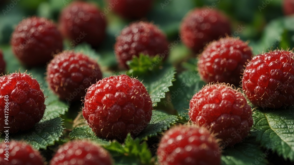A tight shot of several raspberries One berry is crowned by a green leaf. A tight shot of several raspberries One berry is crowned by a green leaf.