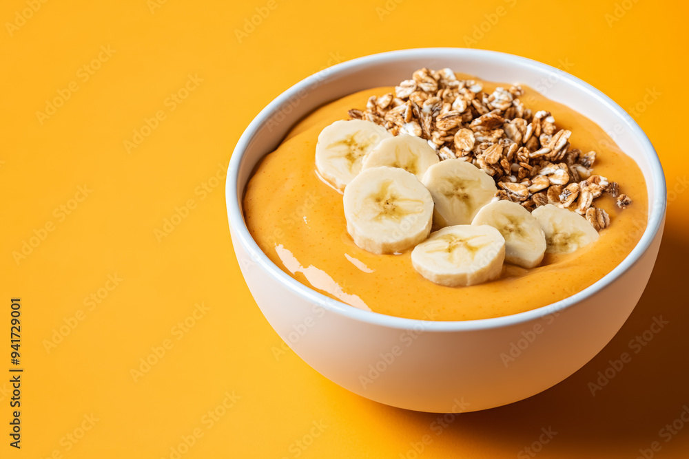 Exquisite vegan pumpkin smoothie bowl garnished, isolated on a gradient background Exquisite vegan pumpkin smoothie bowl garnished, isolated on a gradient background