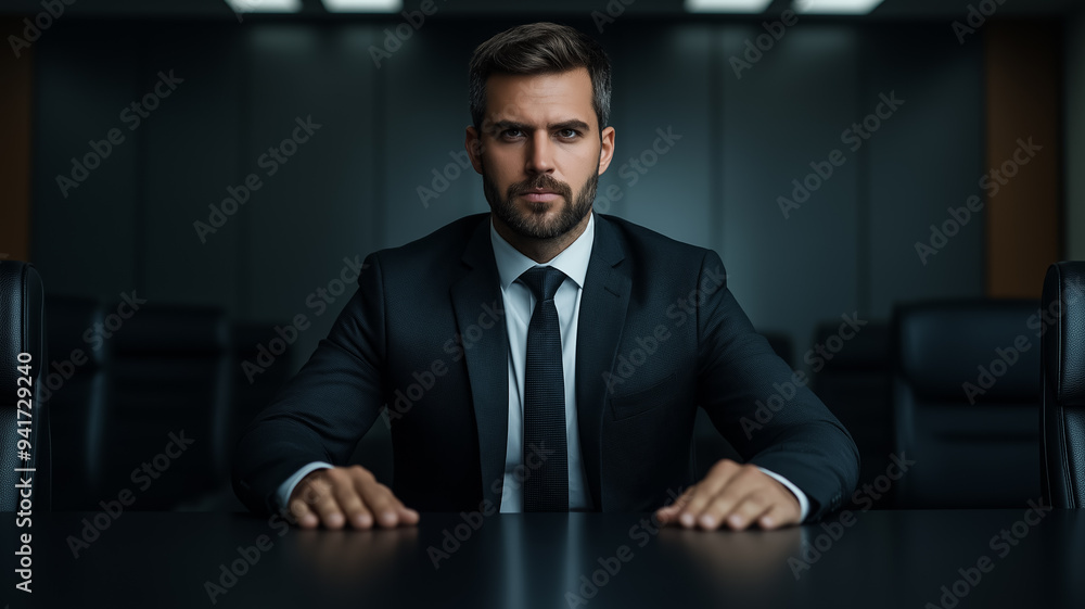 Federal agent in a dark suit at the head of a generic conference room table dull gray walls and dated decor creating a sense of routine, understated authority Federal agent in a dark suit at the head of a generic conference room table dull gray walls and dated decor creating a sense of routine, understated authority