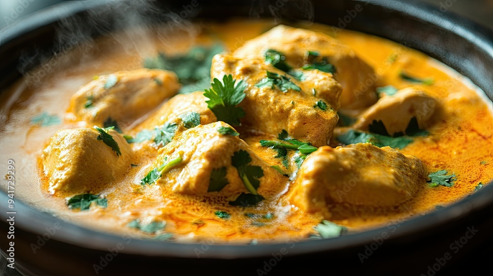 A close-up of a steaming bowl of creamy butter chicken, showcasing the rich, orange sauce and tender pieces of chicken with a garnish of cilantro. A close-up of a steaming bowl of creamy butter chicken, showcasing the rich, orange sauce and tender pieces of chicken with a garnish of cilantro.