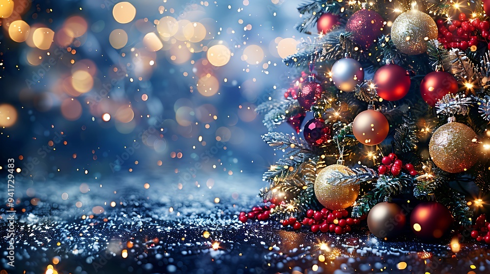 A luxurious Christmas tree featuring sparkling gold and silver baubles, illuminated by softly blurred golden lights in an opulent living room. The ambiance is warm and elegant, A luxurious Christmas tree featuring sparkling gold and silver baubles, illuminated by softly blurred golden lights in an opulent living room. The ambiance is warm and elegant,