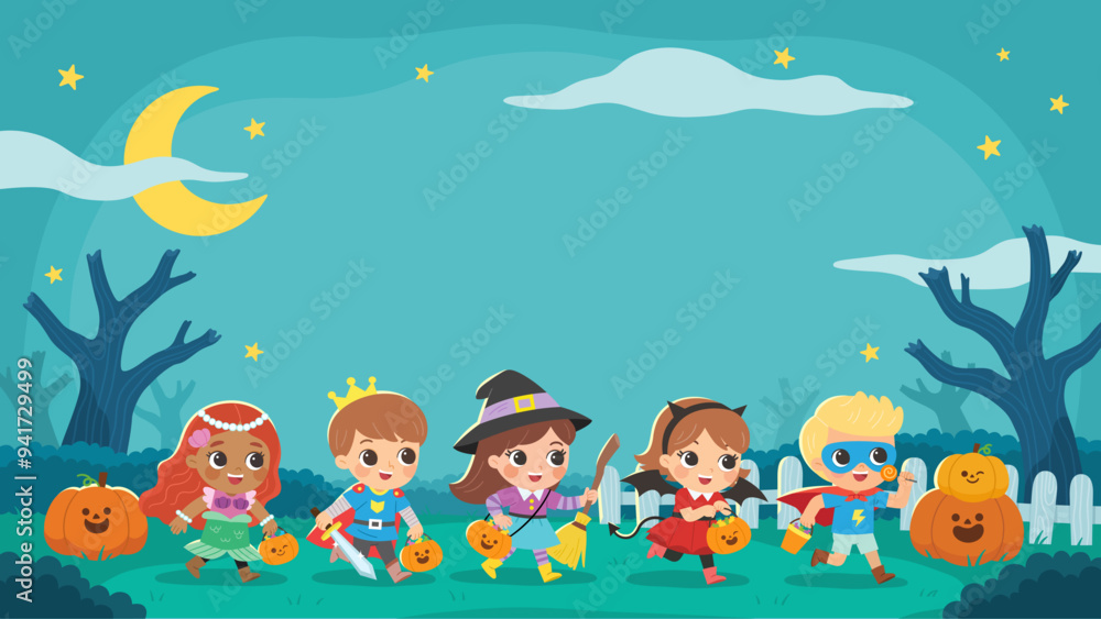 Children dressed in Halloween costumes to go Trick or Treating. Halloween costume kids in spooky holiday. Template for advertising brochure.
