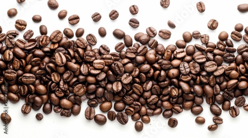 Roasted coffee beans spilling on white background with copy space