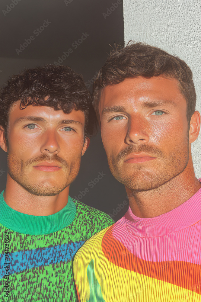 A vibrant image of two men wearing colorful sweaters and standing closely against a plain background, showcasing a modern and stylish look with intense expressions. A vibrant image of two men wearing colorful sweaters and standing closely against a plain background, showcasing a modern and stylish look with intense expressions.