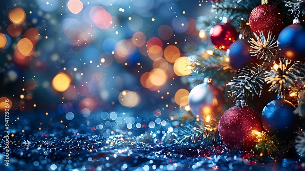 A magical midnight-themed Christmas tree decorated with deep blue and silver baubles, softly illuminated by blurred cool-toned lights. The room is shadowy and mysterious, A magical midnight-themed Christmas tree decorated with deep blue and silver baubles, softly illuminated by blurred cool-toned lights. The room is shadowy and mysterious,