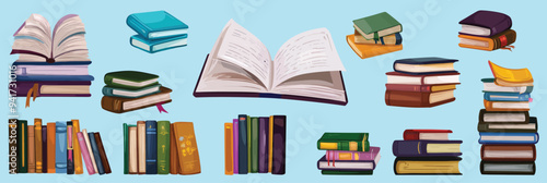 Stacks and rows of books for reading, pile of textbooks for education.Vector set .