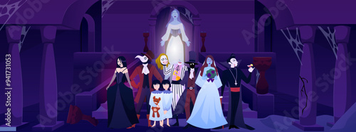 Vector illustration of gothic Halloween characters against a backdrop of castle ruins.