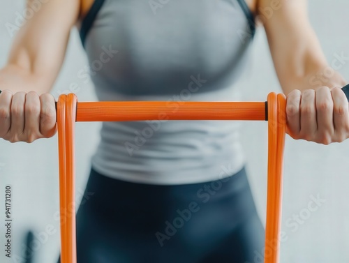 A closeup shot of a person using resistance bands as part of a structured exercise routine, focusing on developing a robust physical system through consistent effort photo