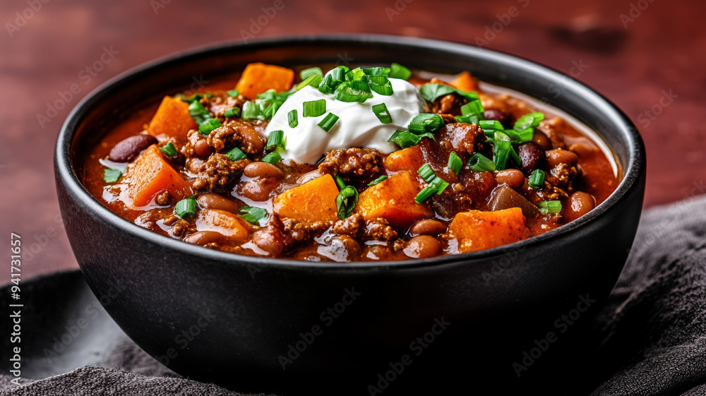 Hearty bowl of sweet potato chili with beans and ground beef, topped with sour cream and green onions, cozy autumn vibe against a background from deep red to rustic brown Hearty bowl of sweet potato chili with beans and ground beef, topped with sour cream and green onions, cozy autumn vibe against a background from deep red to rustic brown