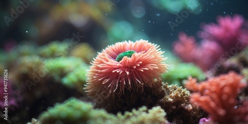 A tight shot of a pink and green sea anemone nestled on coral Corals populate the background. photo