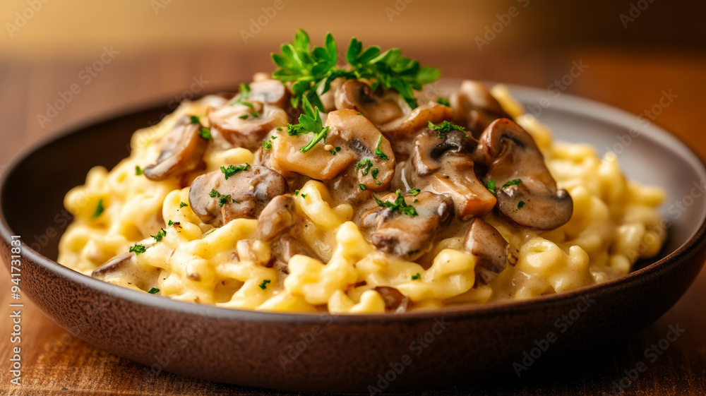 Hearty plate of spaetzle with creamy mushroom sauce and caramelized onions, autumn-inspired with a background fading from rich brown to golden yellow Hearty plate of spaetzle with creamy mushroom sauce and caramelized onions, autumn-inspired with a background fading from rich brown to golden yellow
