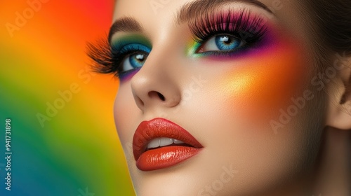 A close-up of a woman with a bold, colorful makeup look, featuring vibrant eyeshadow, dramatic lashes, and a matching lipstick.