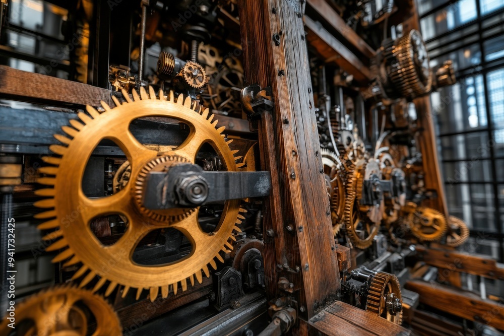 A stunning mechanical assembly integrating golden gears with wooden structures, showing a blend of traditional materials and advanced mechanical design in perfect harmony. A stunning mechanical assembly integrating golden gears with wooden structures, showing a blend of traditional materials and advanced mechanical design in perfect harmony.