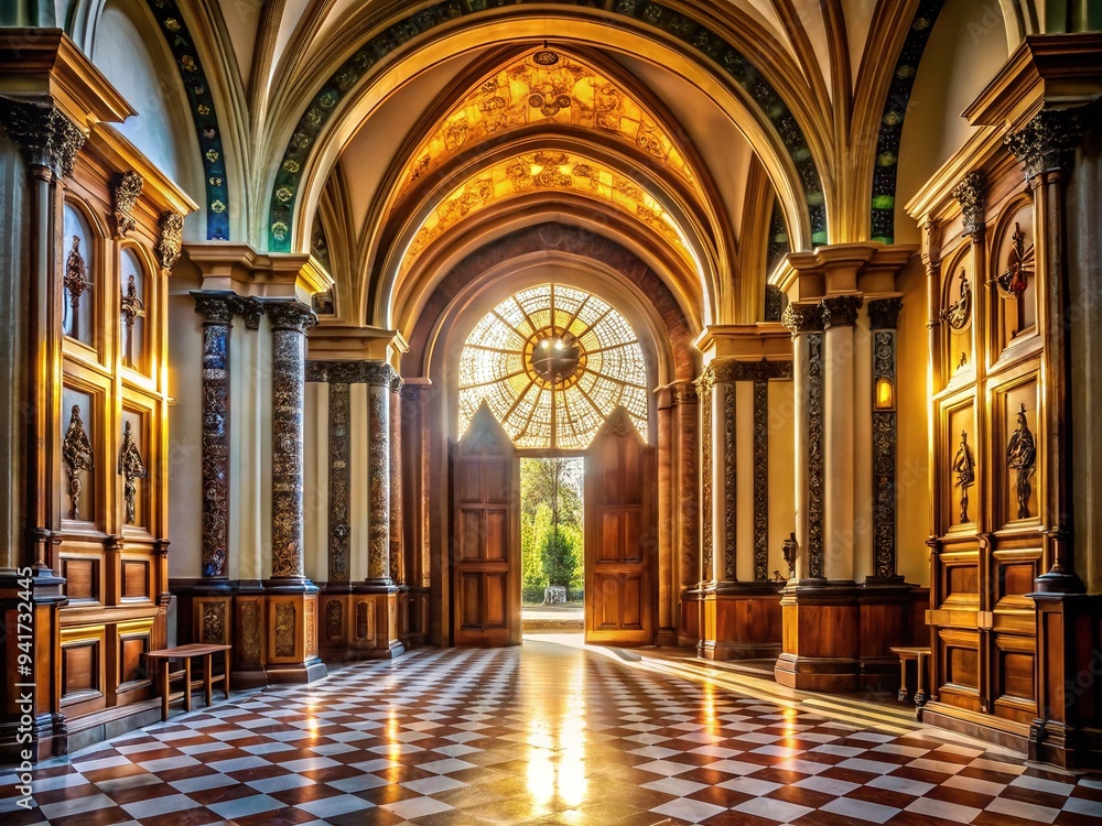 Fototapeta premium A grand, ornate entrance with large, wooden, open church doors revealing a bright, sunlit interior with stone floors and majestic archways.