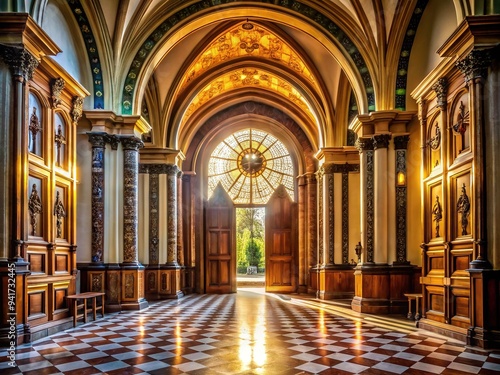 A grand, ornate entrance with large, wooden, open church doors revealing a bright, sunlit interior with stone floors and majestic archways.