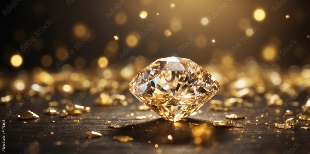 A diamond rests atop a table, surrounded by a mound of gold White sparks scatter the background. A diamond rests atop a table, surrounded by a mound of gold White sparks scatter the background.