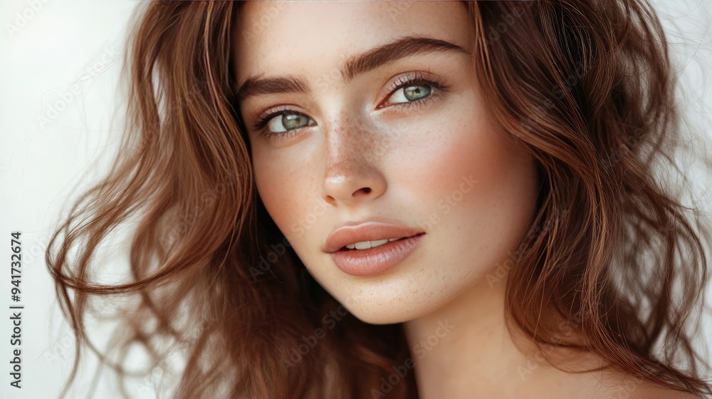 A close-up of a woman with flawless skin, highlighting her natural beauty and glowing complexion, framed by soft, loose waves of hair. A close-up of a woman with flawless skin, highlighting her natural beauty and glowing complexion, framed by soft, loose waves of hair.