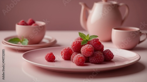 Delicious Raspberry Dessert on Pink Plate.