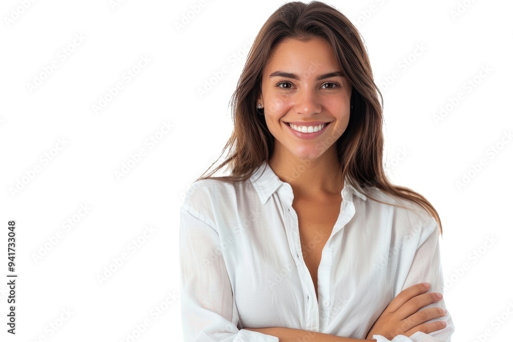 A smiling woman stands with her arms crossed, wearing a white shirt A smiling woman stands with her arms crossed, wearing a white shirt