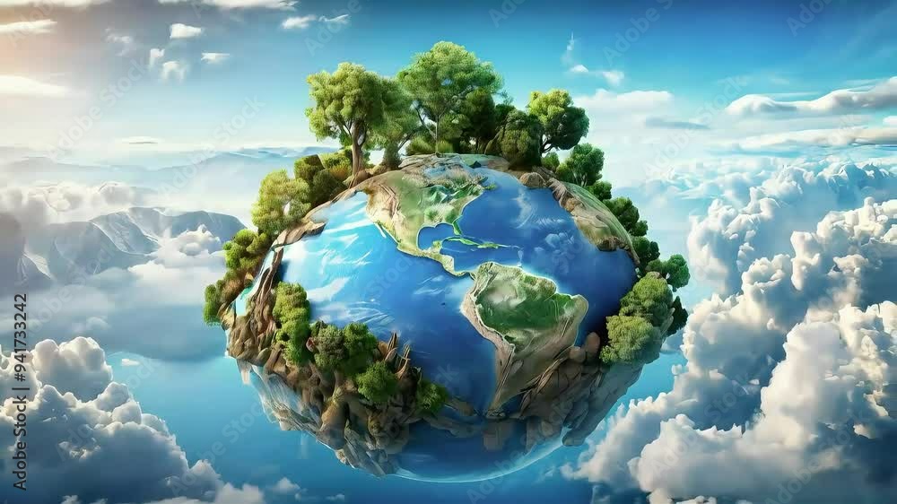 A miniature Earth with green trees floating in a blue sky with white clouds. A miniature Earth with green trees floating in a blue sky with white clouds.