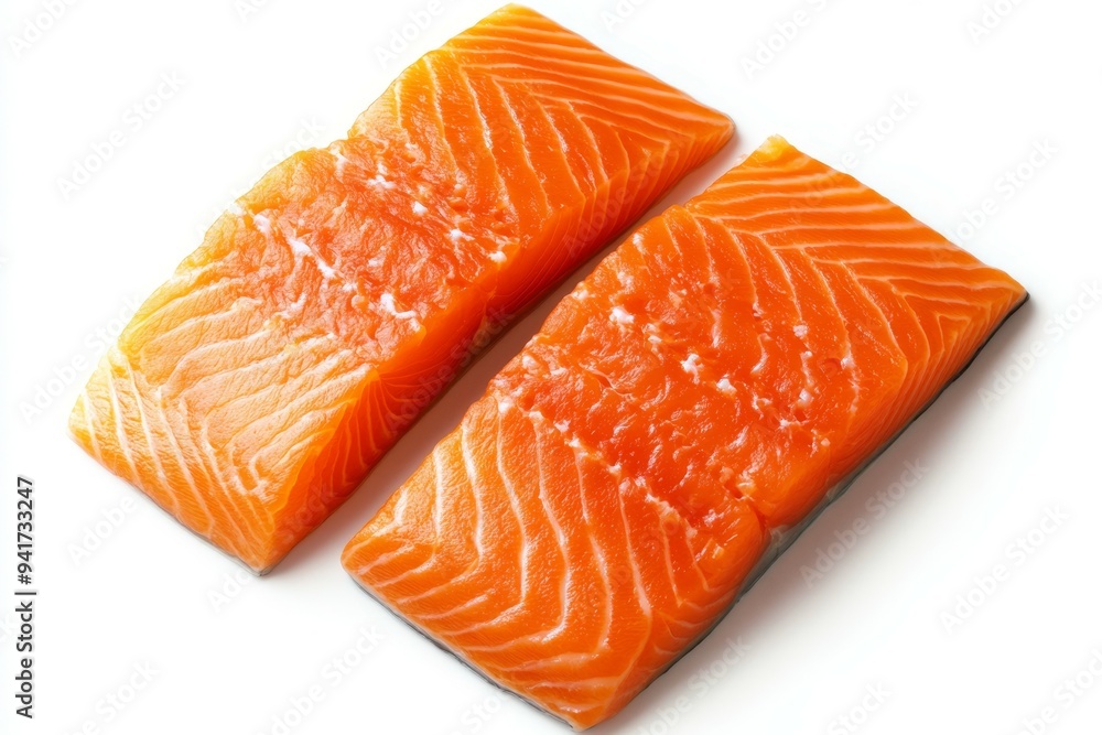 Fresh salmon fillets ready for preparation on a white background in a bright natural light setting Fresh salmon fillets ready for preparation on a white background in a bright natural light setting