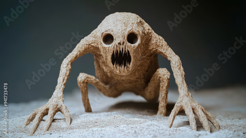 Monster made of decaying bread mold creeping up like vines stale crusts twisted into claws hollow eyes of rotting dough torn, crumbling body crawling with insects  photo