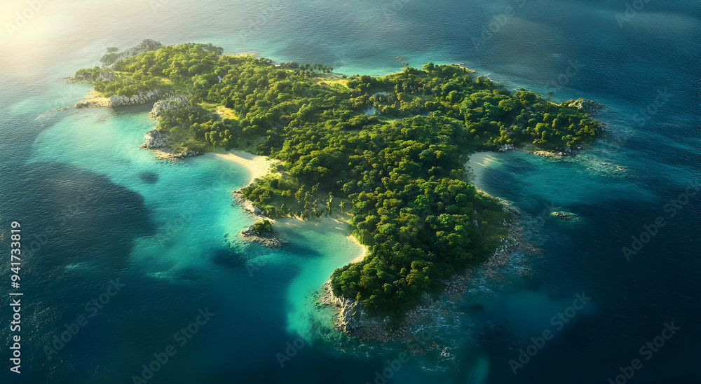 Aerial view of a lush, tropical island surrounded by crystal clear waters, ideal for travel and nature enthusiasts. Aerial view of a lush, tropical island surrounded by crystal clear waters, ideal for travel and nature enthusiasts.