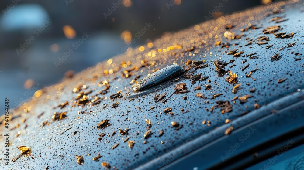 A neglected car with dried bird droppings and smudges on the roof, showing the long term impact on the vehicle s appearance and the need for proper cleaning care A neglected car with dried bird droppings and smudges on the roof, showing the long term impact on the vehicle s appearance and the need for proper cleaning care