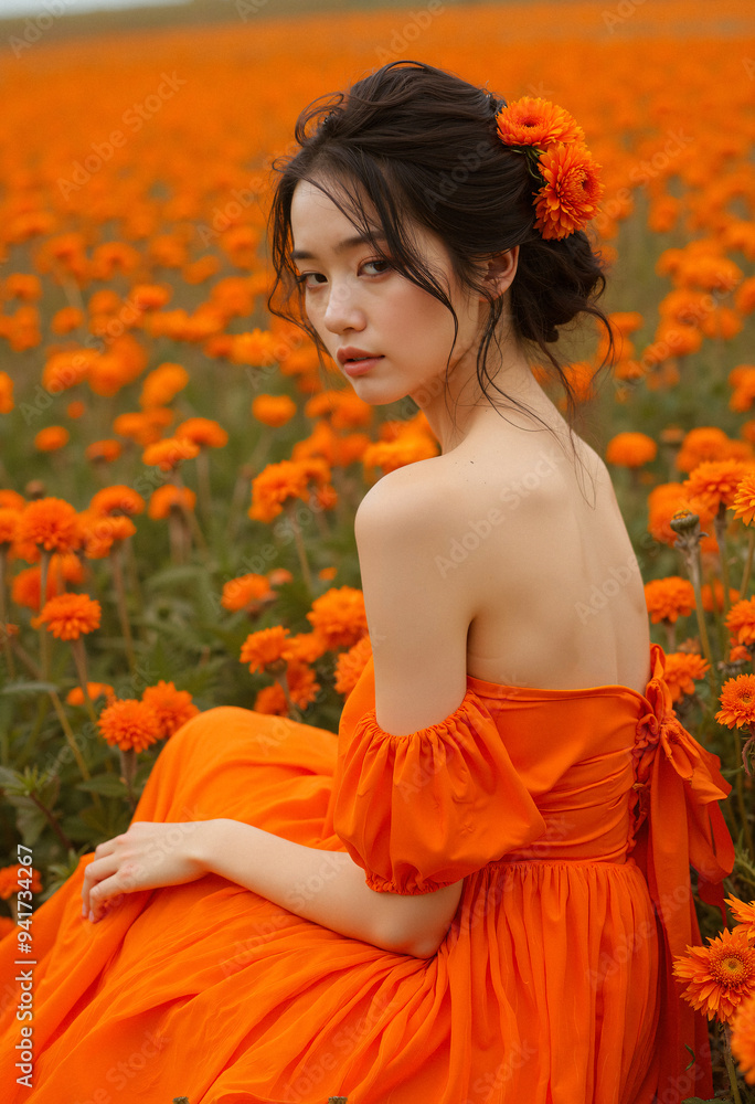 Naklejka premium A woman in a vibrant orange dress amidst a field of blooming flowers.