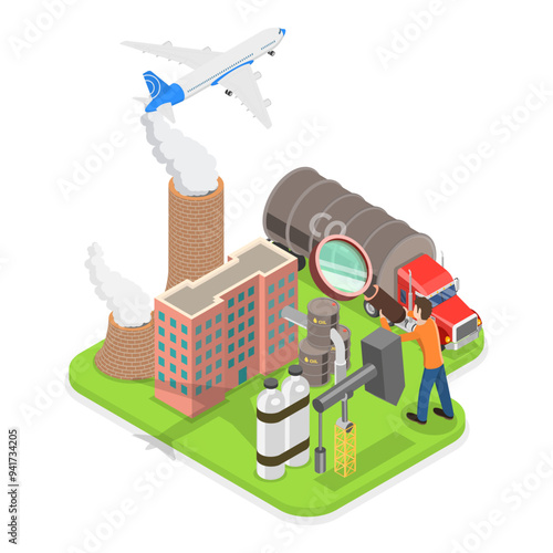 3D Isometric Flat Vector Illustration of Carbon Footprint Reduction , Net Zero Emissions and Carbon Dioxide Neutral Balance. Item 2