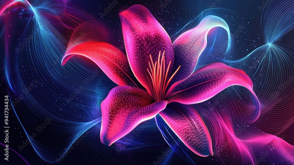 Obraz premium Abstract lily with neon geometric lines and bright colors, creating a dynamic and captivating vector illustration background