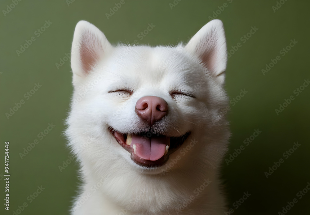 A cheerful white dog with a joyful expression, showcasing happiness and warmth in a serene setting. A cheerful white dog with a joyful expression, showcasing happiness and warmth in a serene setting.