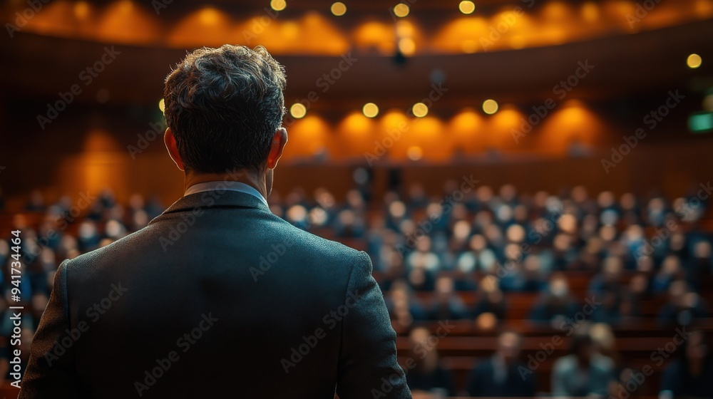 A speaker addresses a large audience in a conference setting. A speaker addresses a large audience in a conference setting.