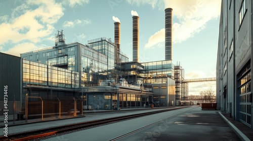 Industrial complex featuring a glass building with tall chimneys, showcasing the intersection of modern design and traditional industry